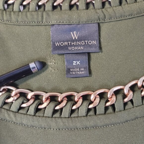 Worthington Woman Plus Chain Neck Tank Top 2X Olive Green Stretch Career Casual - Picture 2 of 10